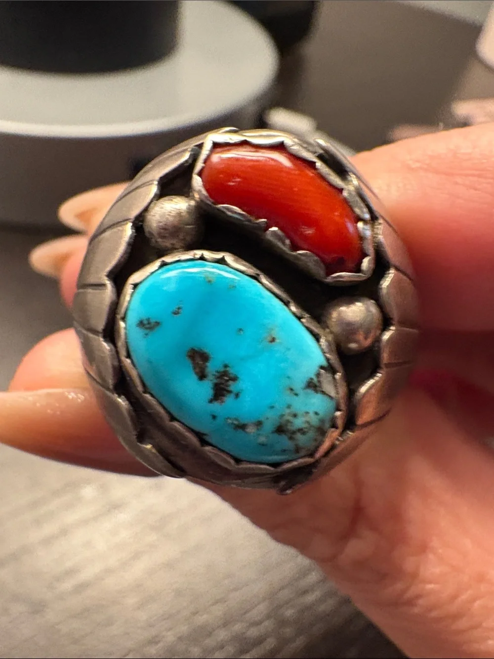 Vintage Navajo Sterling Silver Turquoise and Coral Shadowbox Ring Men’s 9.5-10.5